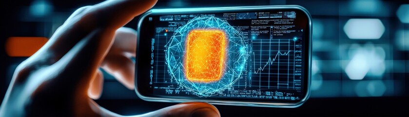 Poster - Innovative Mobile Technology Visualization with Data Analytics and Futuristic Interface Showcasing a Dynamic Financial Growth Graph on Smartphone Display