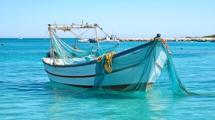Poster - A boat with a net on it is floating in the ocean