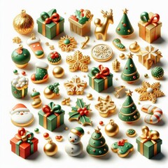 Poster - 3d render christmas icons, organic shapes, clean white background, gold, green, red icon colors, cute shapes