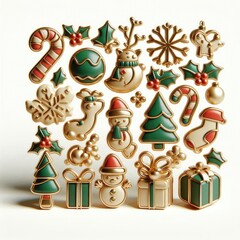 Poster - 3d render christmas icons, organic shapes, clean white background, gold, green, red icon colors, cute shapes