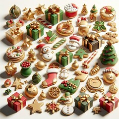 Poster - 3d render christmas icons, organic shapes, clean white background, gold, green, red icon colors, cute shapes