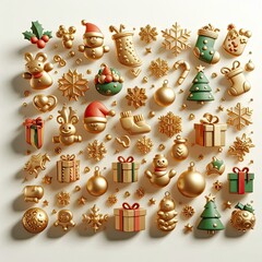 Poster - 3d render christmas icons, organic shapes, clean white background, gold, green, red icon colors, cute shapes