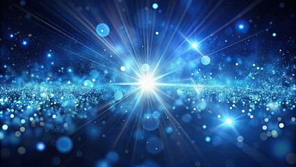 Wall Mural - Abstract glowing particles with beams on dark blue background surrounded by bokeh, abstract, particles, glowing, beams