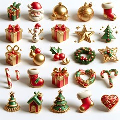 Poster - 3d render christmas icons, organic shapes, clean white background, gold, green, red icon colors, cute shapes
