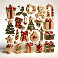 Poster - 3d render christmas icons, organic shapes, clean white background, gold, green, red icon colors, cute shapes