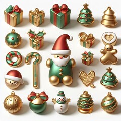Poster - 3d render christmas icons, organic shapes, clean white background, gold, green, red icon colors, cute shapes