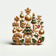 Poster - 3d render christmas icons, organic shapes, clean white background, gold, green, red icon colors, cute shapes