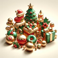 Poster - 3d render christmas icons, organic shapes, clean white background, gold, green, red icon colors, cute shapes