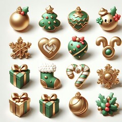 Poster - 3d render christmas icons, organic shapes, clean white background, gold, green, red icon colors, cute shapes