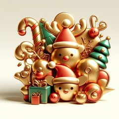 Poster - 3d render christmas icons, organic shapes, clean white background, gold, green, red icon colors, cute shapes