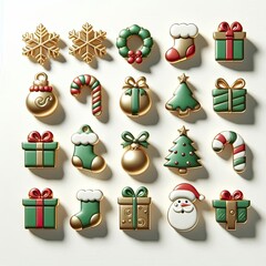 Poster - 3d render christmas icons, organic shapes, clean white background, gold, green, red icon colors, cute shapes