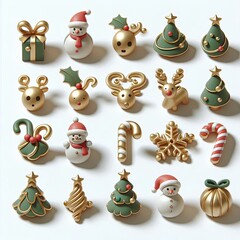 Poster - 3d render christmas icons, organic shapes, clean white background, gold, green, red icon colors, cute shapes