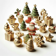 Poster - 3d render christmas icons, organic shapes, clean white background, gold, green, red icon colors, cute shapes