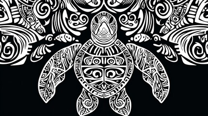 Poster - Elegant Polynesian Tribal Turtle Motif in Bold Monochrome Patterns