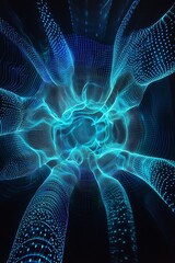 Poster - abstract blue data visualization in a spiraling pattern, representing connectivity and digital commu