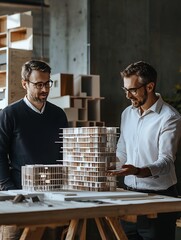 Poster - rival architects presenting their innovative building designs and scale models