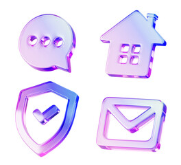 Poster - 3d set of glass holographic transparent ui icon. Render crystal gradient symbols of email envelope, shield with tick sign, home and speech bubble for business, app and web design. 3D illustration