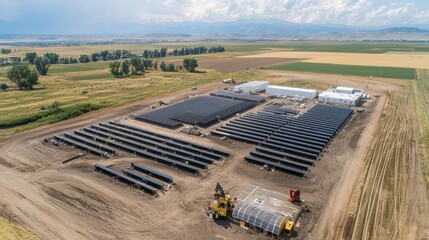 Poster - Aerial view of solar panels and battery storage facility rural area low resolution outdoor bird's eye perspective renewable energy