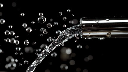 Poster - Sparkling Water Flow from Metal Faucet in Dark Setting