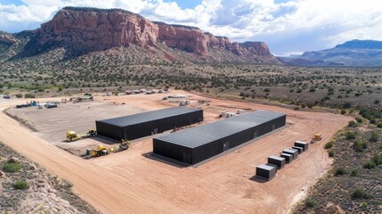 Poster - Integrating battery storage systems into large-scale low-resolution projects desert region infrastructure aerial view energy management
