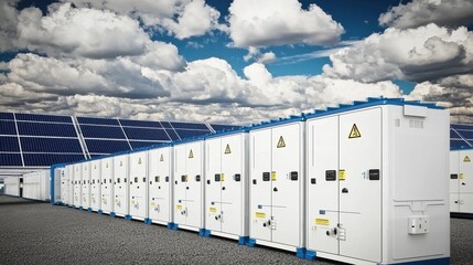 Aufkleber - Closeup of energy storage batteries supporting solar panels renewable energy site image outdoor eye level sustainable technology