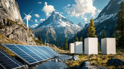Aufkleber - Harnessing renewable energy solar panels and energy storage facility mountain landscape low resolution nature viewpoint sustainable future