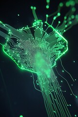 Poster - abstract digital art of a green circuit board with flowing lines and glowing particles, representing