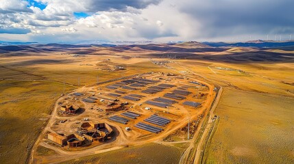 Poster - Harnessing energy sunny day at a wind and solar farm aerial view clean energy landscape