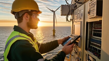 Aufkleber - Technician overhauls battery storage systems offshore wind farm technical process marine environment sunset view renewable energy impact