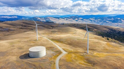 Aufkleber - Renewable energy production wind farm with storage tanks remote location aerial view sustainable energy concept
