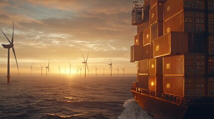 Poster - Wind turbines spinning at sunset offshore energy storage low resolution serene seascape dynamic renewable energy concept