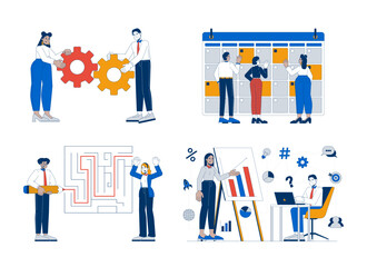  - Businesspeople multiracial teams 2D illustration concepts set. Corporate employees working on business projects cartoon characters isolated on white. Metaphors abstract flat vector collection