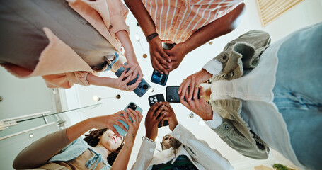 Poster - People, circle and phones for college registration, online and teamwork in education on campus. Students, low angle and huddle for project solidarity in university, collaboration and communication