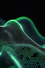 Poster - abstract digital wave pattern in green and black with dots representing data visualization and techn