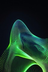 Poster - abstract digital wave pattern in green and blue, flowing lines with dots on dark background, creativ