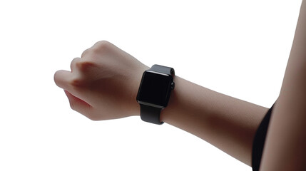 Wall Mural - hand wearing smart watch with screen mockup on white transparent background