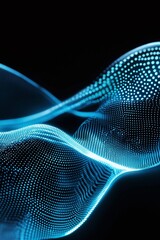 Poster - abstract digital waves with glowing blue dots on a black background, representing data flow and tech