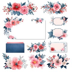 Wall Mural - Watercolor Floral Frames and Elements for Wedding Invitations, Cards, and Designs.