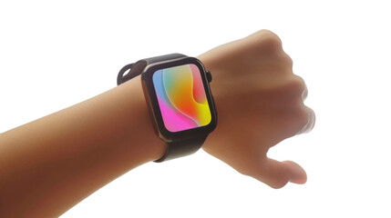Wall Mural - hand wearing smart watch with screen mockup on white transparent background