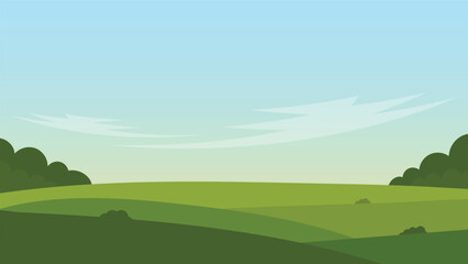 nature landscape cartoon scene background with green hills and blue sky