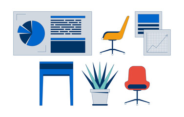 Fototapete - modern business company office supplies 2d cartoon objects set. furniture details and infographics i
