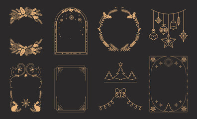 Wall Mural - merry christmas and happy new year greeting card frame design vector element set. christmas tree, br