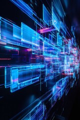 Poster - abstract futuristic digital background with glowing blue and pink rectangles representing data flow 