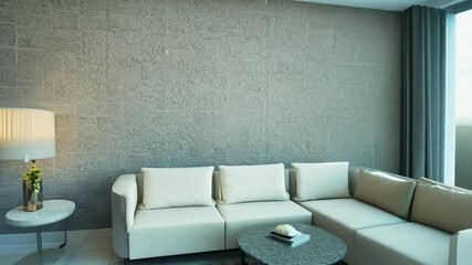 Poster - Modern Living Room Design Featuring a White Sofa and Stucco Wall Generative AI