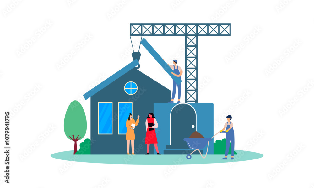 Building house process at construction site, work with floor plan ...