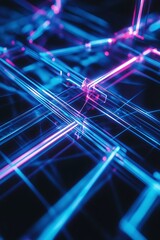 Poster - abstract neon lines intersecting on dark background, creating a high-tech feel with vibrant blue and