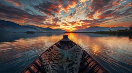 Poster - A boat is in the water with the sun setting in the background
