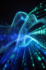 Poster - abstract representation of digital hands interacting with glowing particles in a futuristic virtual 