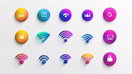 Poster - Colorful and Modern Icon Set Featuring Wireless Symbols, Lock Icons, and Technology Illustrations for Digital and Graphic Design Projects