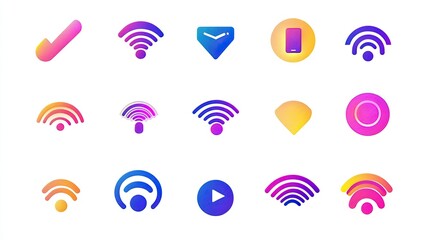 Poster - A Colorful Collection of Modern Icons Featuring Wi-Fi Signals, Mobile Devices, and Playback Controls Showcasing a Trendy Gradient Design for Digital Applications